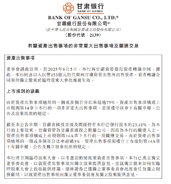 铁牛配资 甘肃银行：拟153亿元出售低效益资产